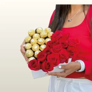 I love You con rosas naturales y Ferrero Rocher