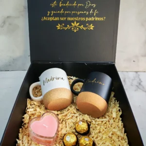 Caja personalizada cartón chip + Tazas personalizadas + 3 Ferrero Rocher + velita